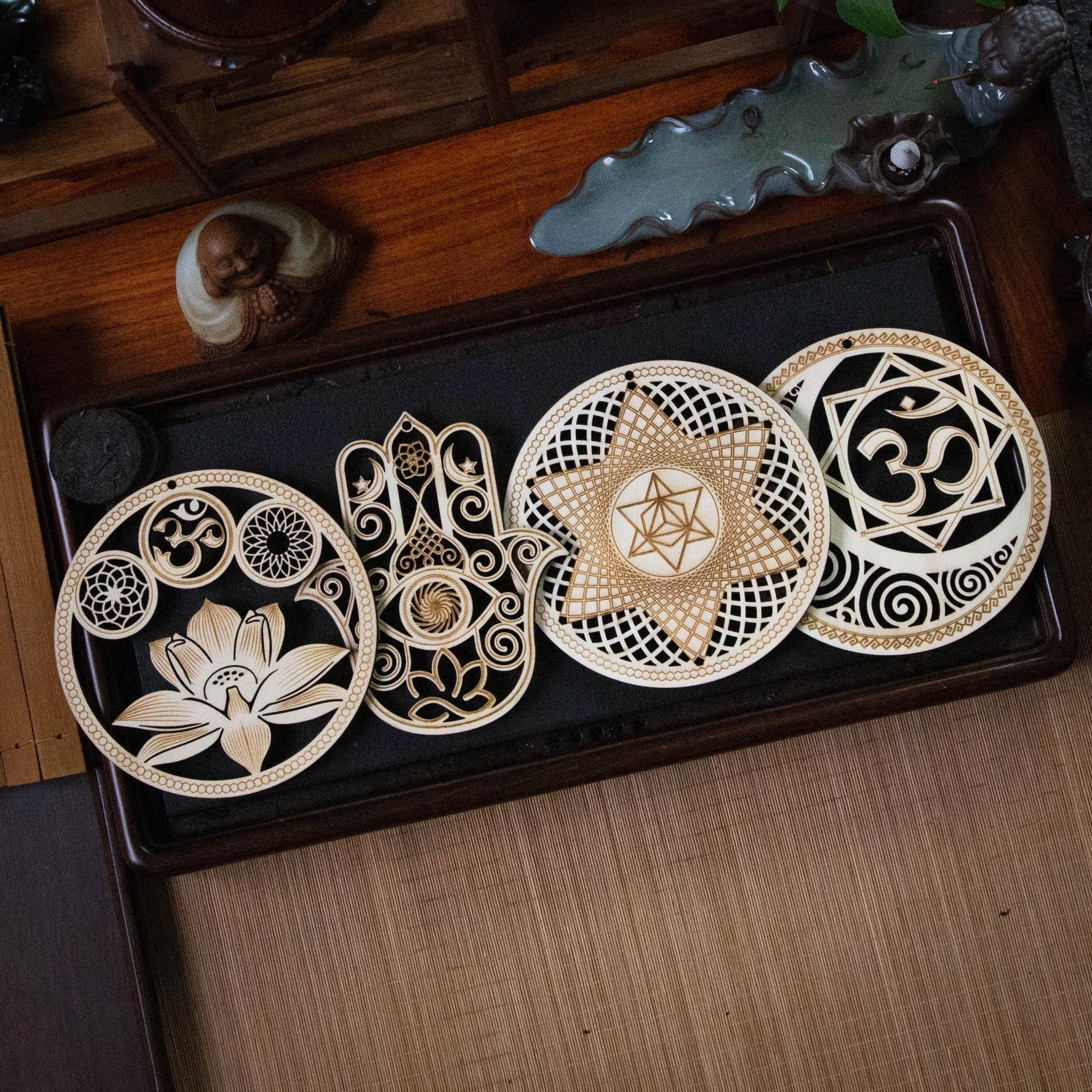 5.31 Sacred Geometry Wall Art Decor 4 PCS Set (Sacred Lotus, Hamsa Hand, Soul Star, Union Sun Moon)