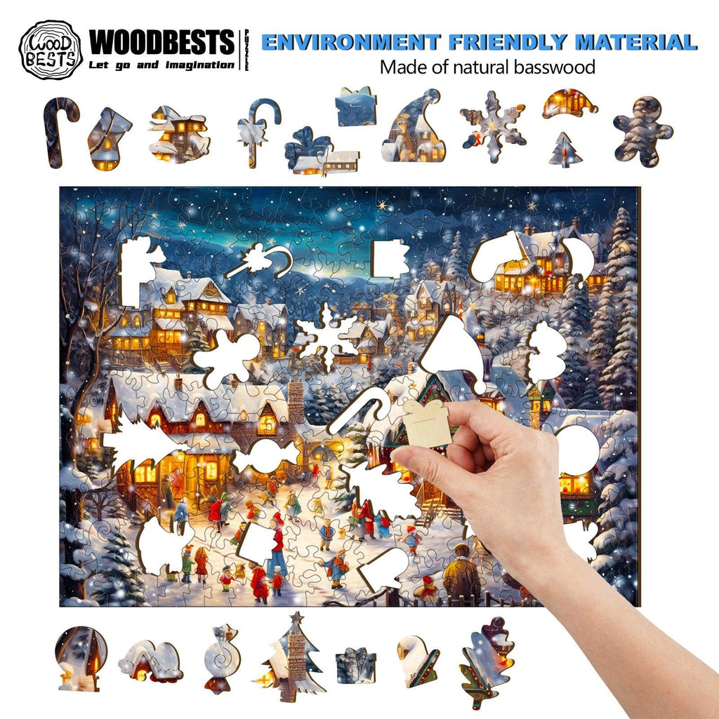 Lively Snowy Night Wooden Jigsaw Puzzle