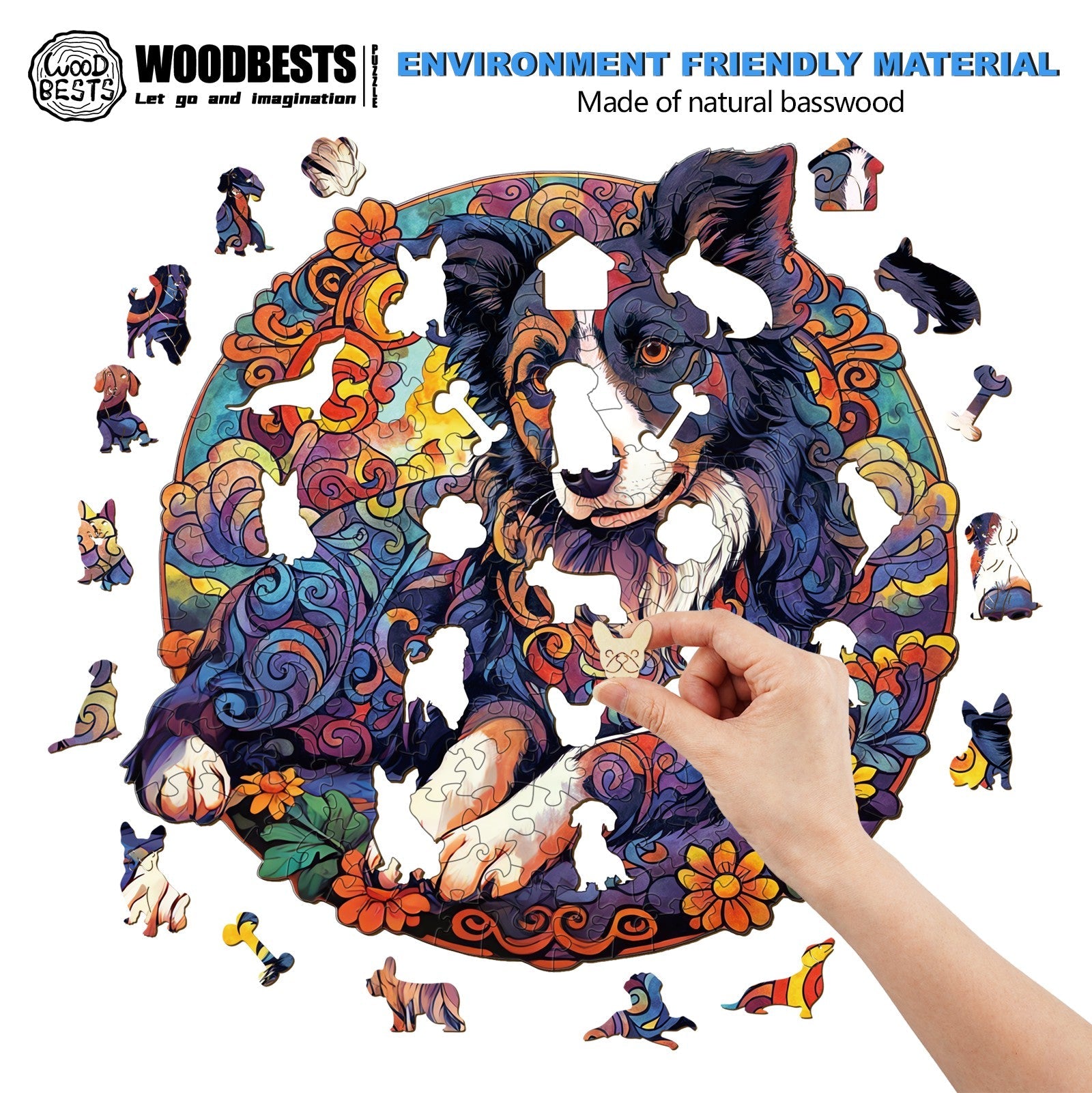 Mandala Border Collie Wooden Jigsaw Puzzle