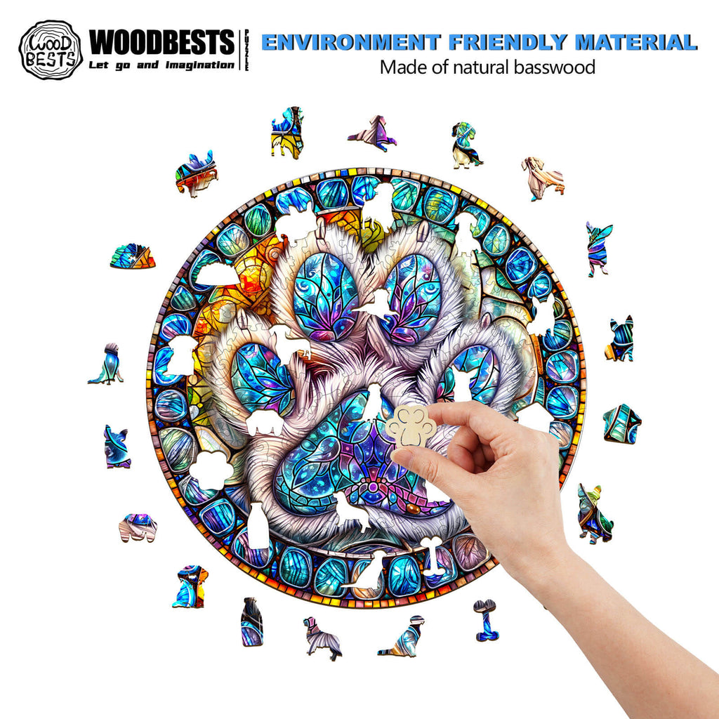 Stained glass paw prints Wooden Jigsaw Puzzle