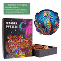 Seahorse-2 wooden jigsaw puzzle with vibrant marine design, ideal for 8 year olds, in decorative packaging.