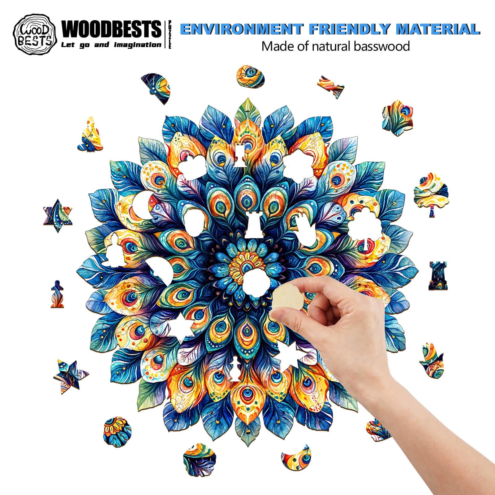 Peacock Feather Mandala Wooden Jigsaw Puzzle
