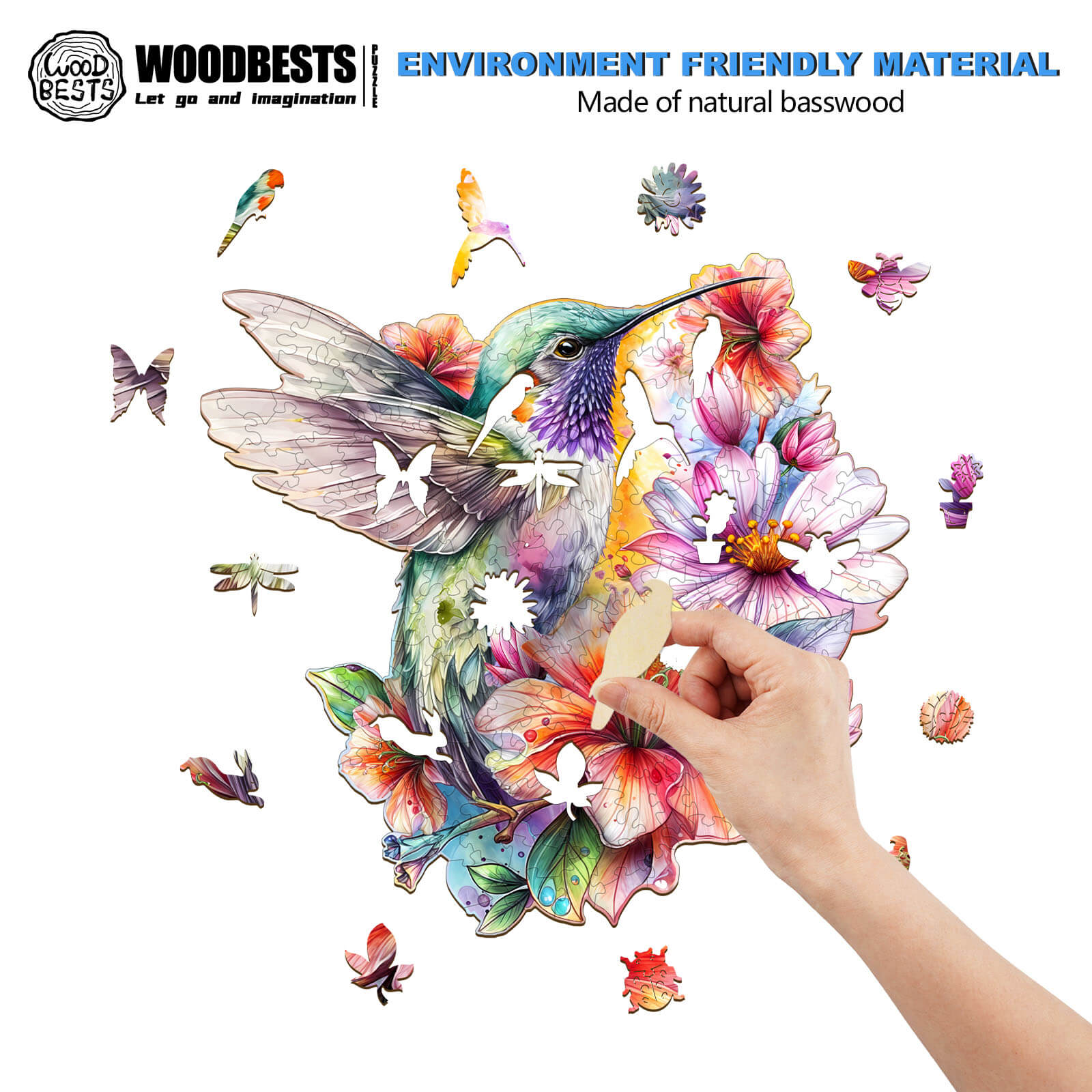 Hummingbirds in Flowers Wooden Jigsaw Puzzle