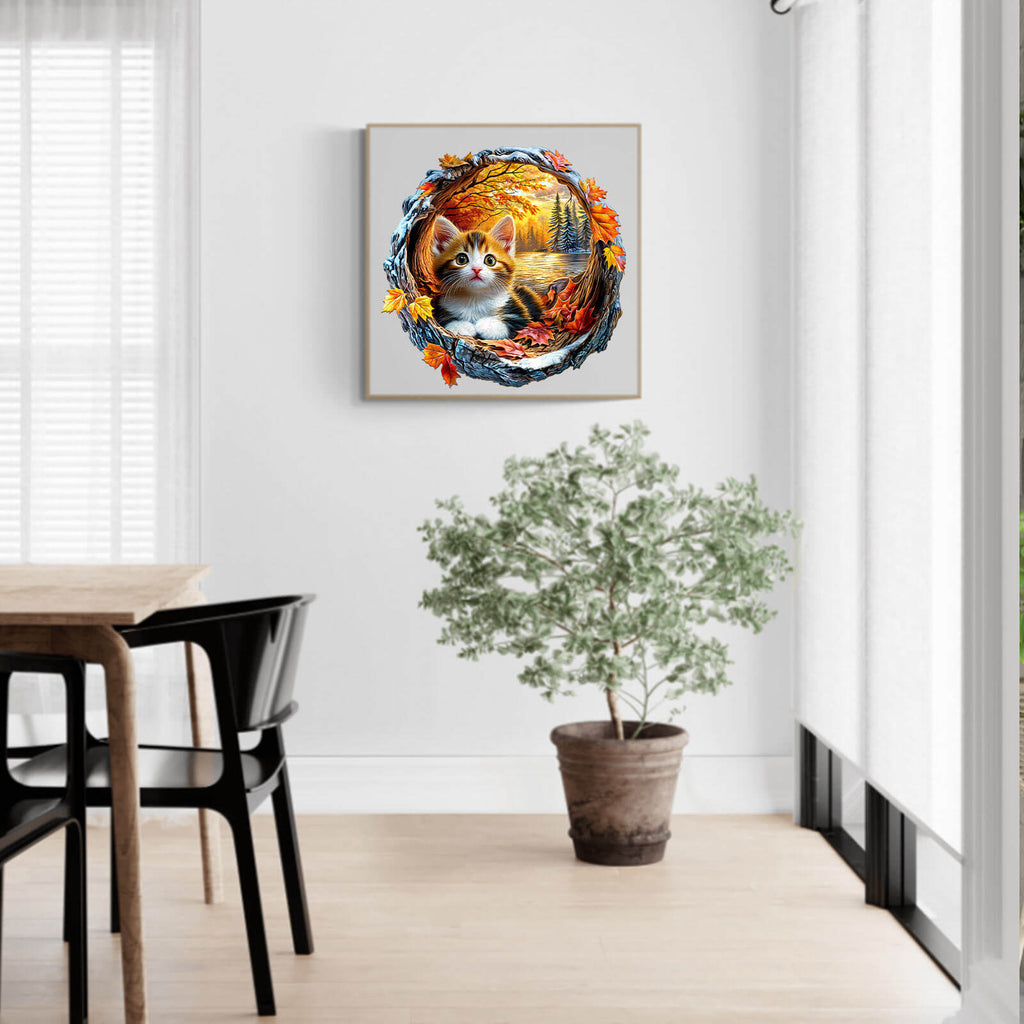 3D Kitten in Autumn Wooden Jigsaw Puzzle