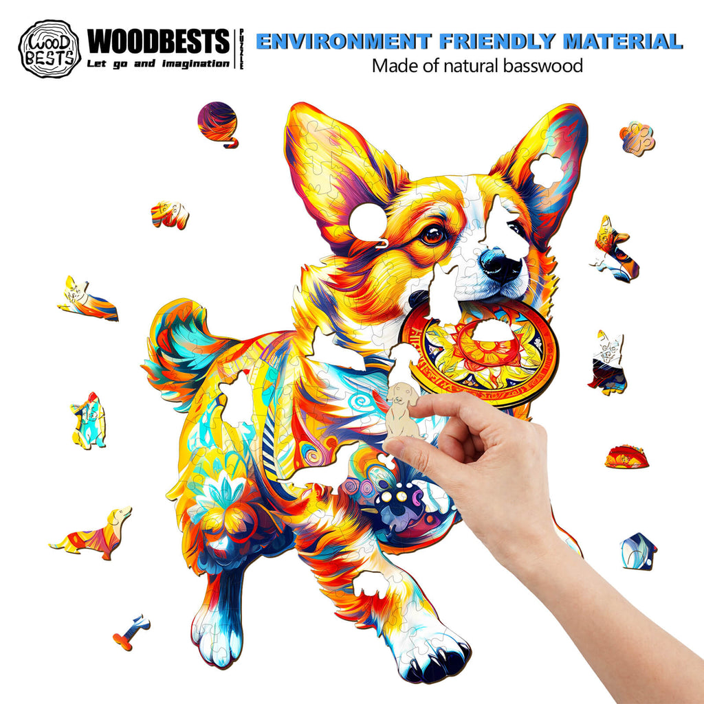 Dog Playing with Toys Wooden Jigsaw Puzzle