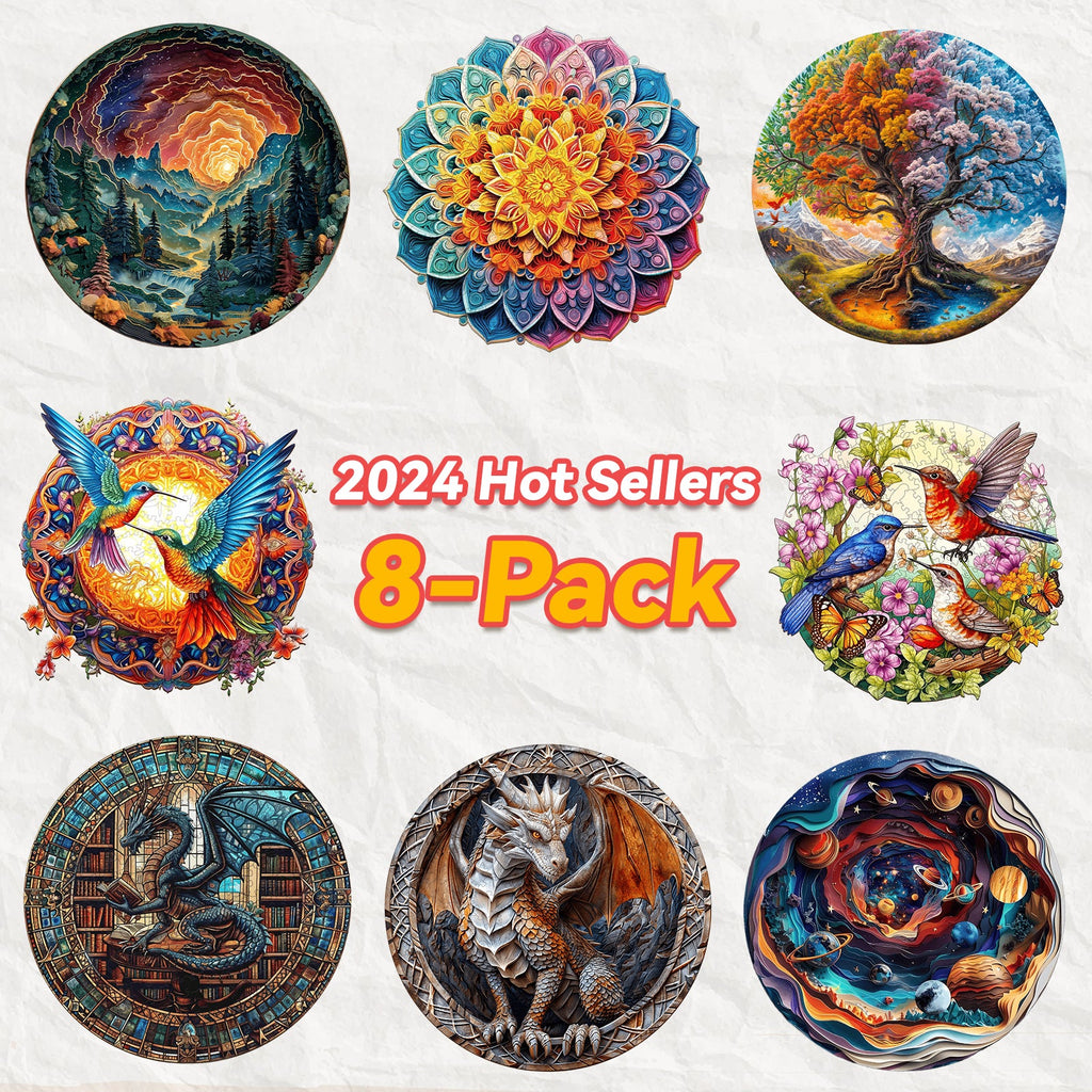 2024 Hot Sellers 8-Pack featuring vibrant art designs, including nature themes and mythical creatures.
