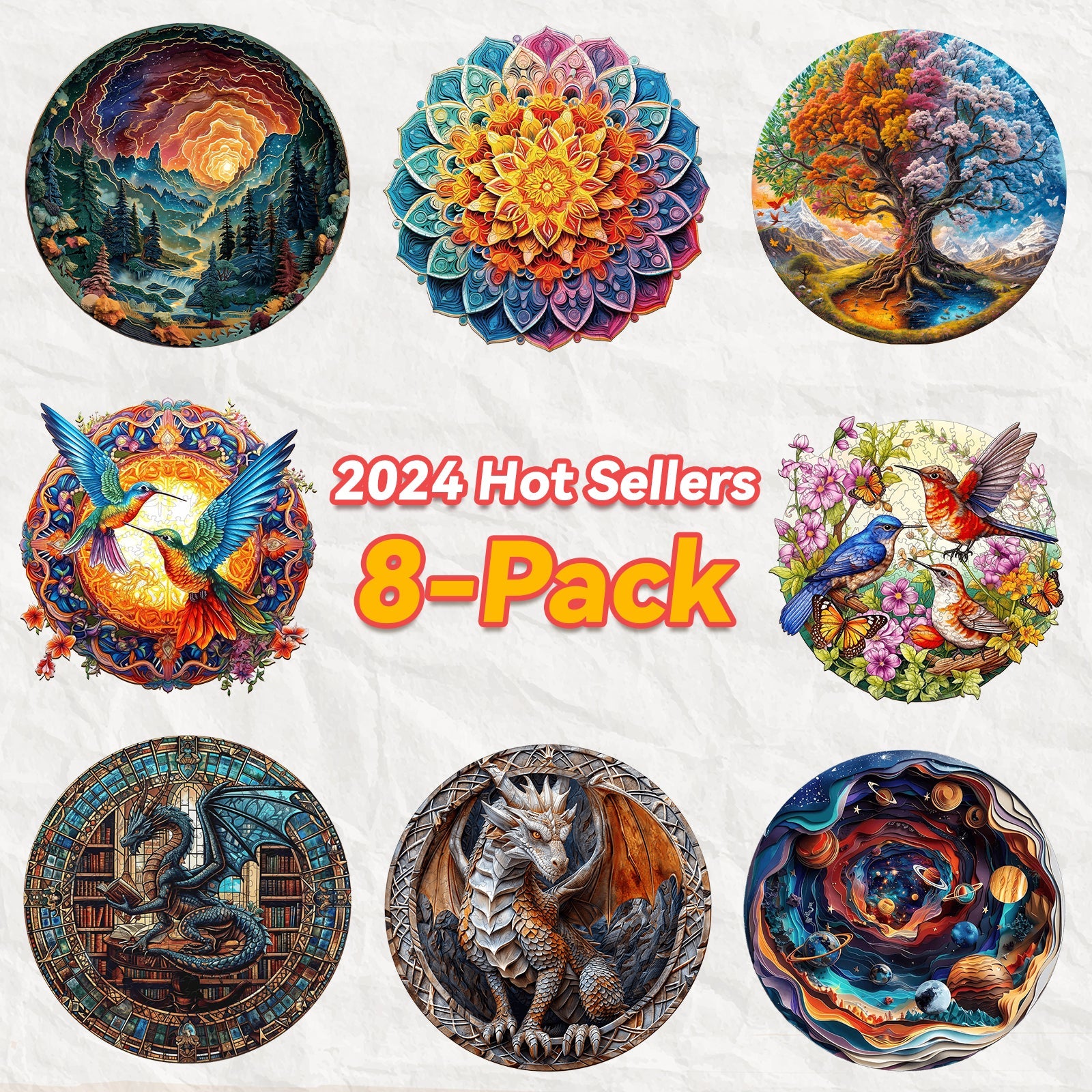 2024 Hot Sellers 8-Pack featuring vibrant art designs, including nature themes and mythical creatures.