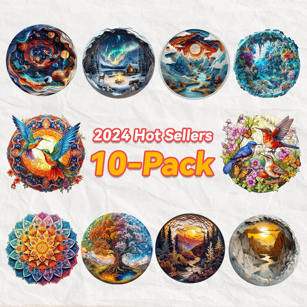 2024 Hot Sellers 10-Pack featuring colorful, artistic circular designs including nature and fantasy themes.