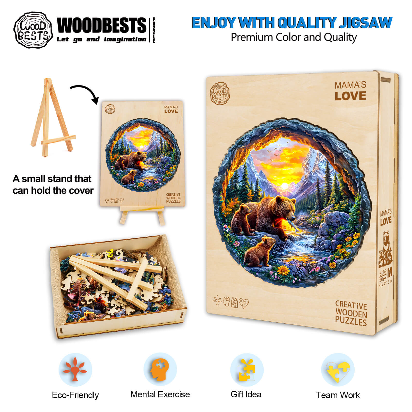 3D Mama’s Love wooden jigsaw puzzle showcasing vibrant artwork, ideal for mental exercise and gift ideas, eco-friendly construction.
