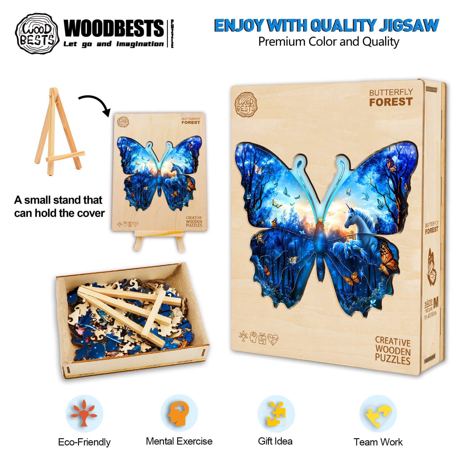 Butterfly Forest wooden jigsaw puzzle showcasing colorful pieces and eco-friendly design, ideal for mental exercise and teamwork.