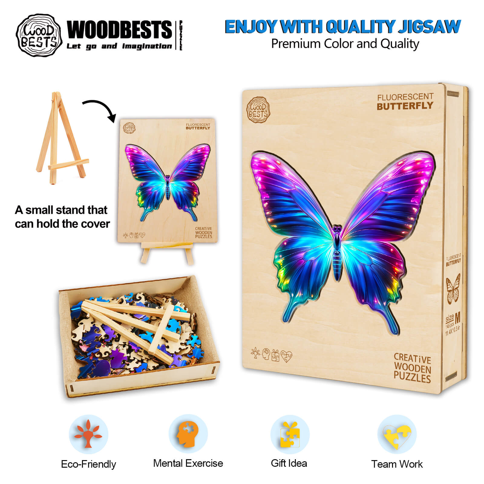 Fluorescent Butterfly Wooden Jigsaw Puzzle with vibrant colors and creative pieces for mental exercise and teamwork.