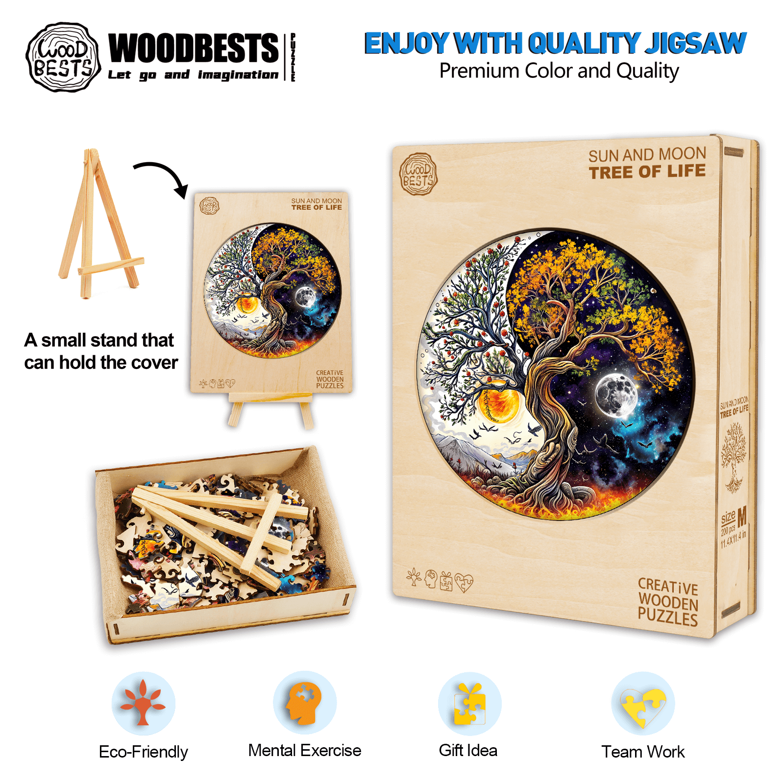 Sun and Moon Tree of Life Wooden Jigsaw Puzzle, eco-friendly, great for mental exercise and teamwork, perfect gift idea.