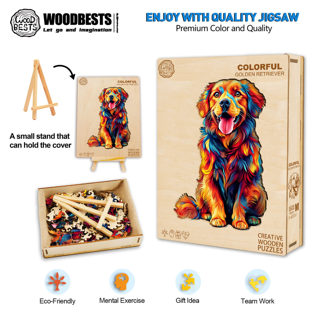 Colorful Golden Retriever wooden jigsaw puzzle for mental exercise and fun, featuring premium quality and eco-friendly materials.