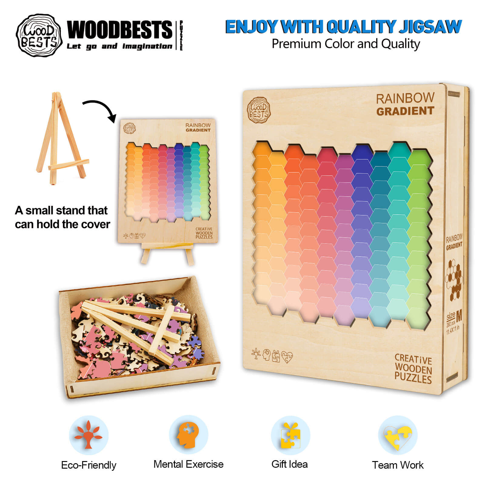 Rainbow Gradient Wooden Jigsaw Puzzle showcasing vibrant colors, eco-friendly materials, and a mental exercise for puzzle enthusiasts.