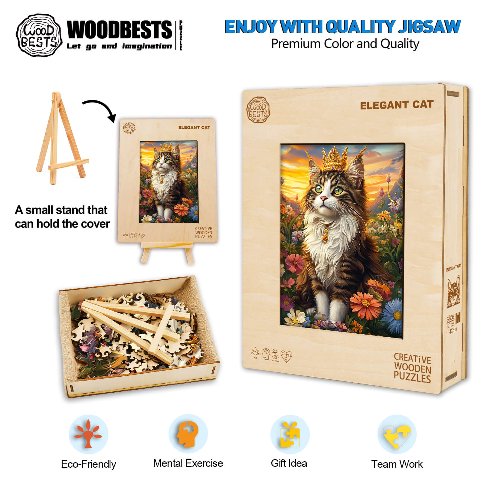 Elegant Cat wooden jigsaw puzzle with vibrant artwork, eco-friendly materials, and a stand for display.