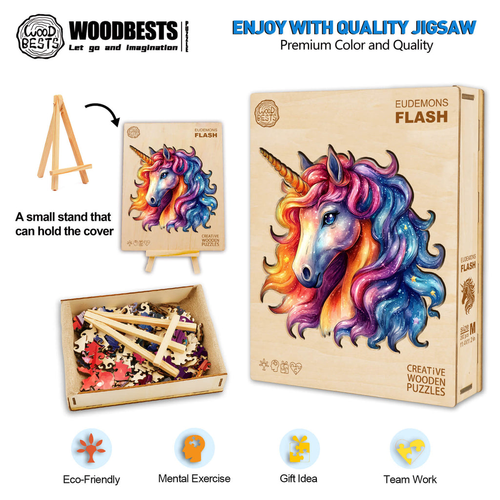 EUDEMONS Flash Wooden Jigsaw Puzzle featuring a vibrant unicorn design, eco-friendly, mental exercise, perfect gift idea.