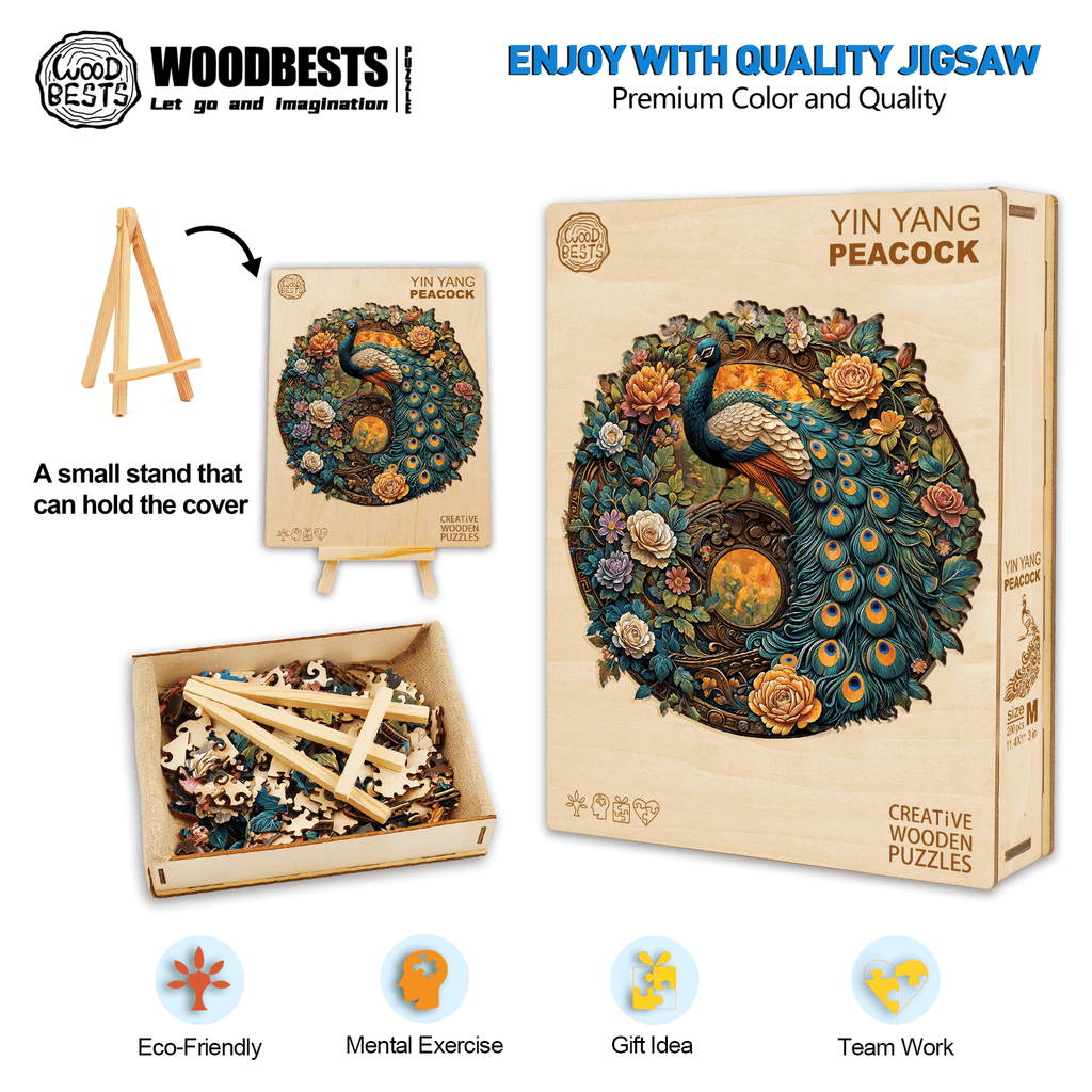 Yin Yang Peacock wooden jigsaw puzzle with eco-friendly design, colorful pieces, and an included stand for display.