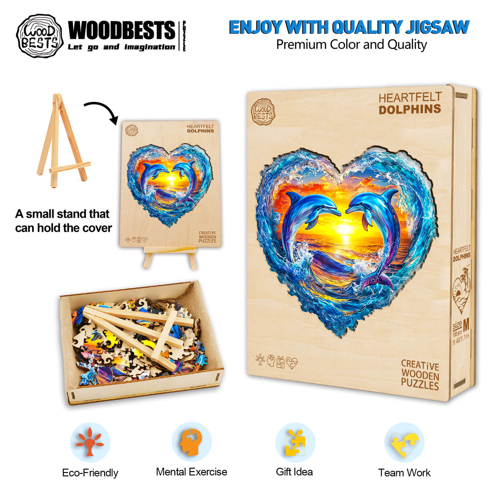 3D Heartfelt Dolphins wooden jigsaw puzzle with vibrant colors, featuring dolphin imagery; perfect for mental exercise and gifts.