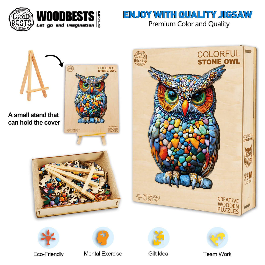 Colorful Stone Owl wooden jigsaw puzzle, designed for mental exercise and focused fun, with eco-friendly materials.