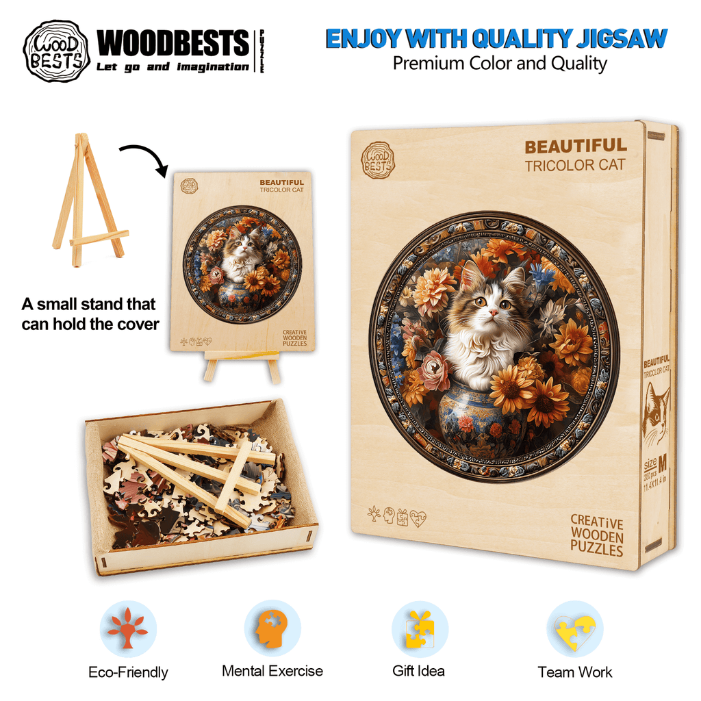 Beautiful tricolor cat wooden jigsaw puzzle, showcasing premium quality and eco-friendly materials for mindful fun.