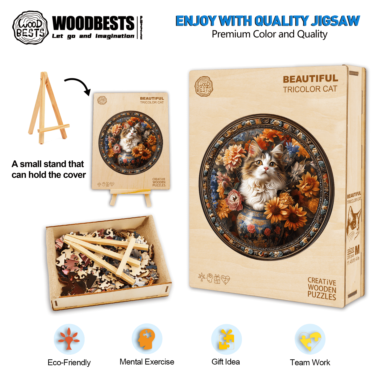 Beautiful tricolor cat wooden jigsaw puzzle, showcasing premium quality and eco-friendly materials for mindful fun.