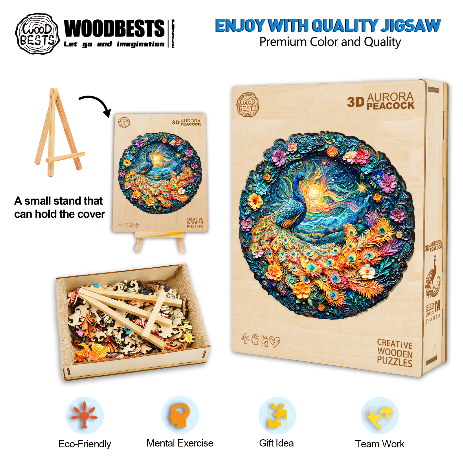 3D Aurora Peacock wooden jigsaw puzzle with vibrant colors, eco-friendly design, ideal for mental exercise and gifting.
