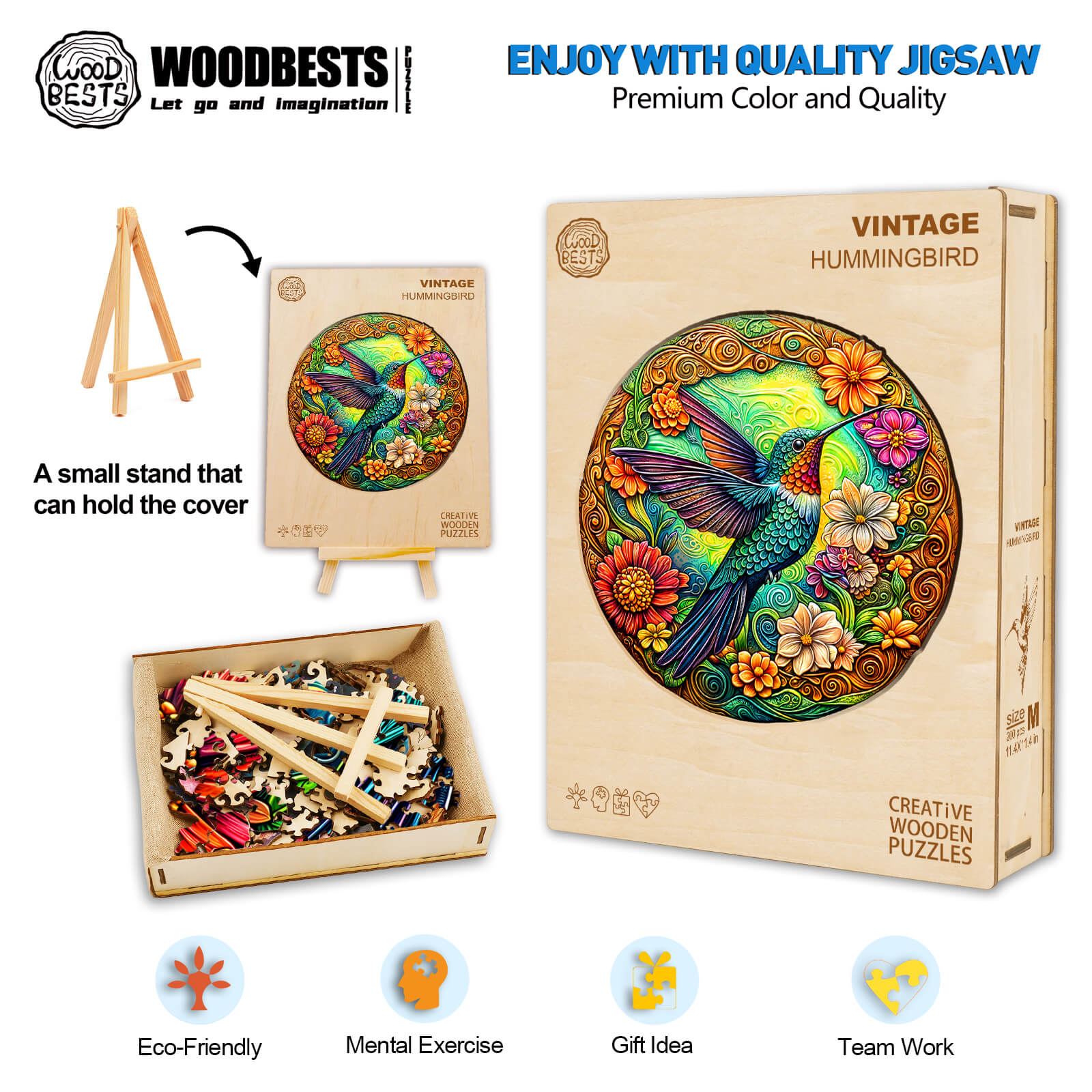 Vintage Hummingbird Wooden Jigsaw Puzzle with colorful design and eco-friendly materials, ideal for mental exercise and teamwork.