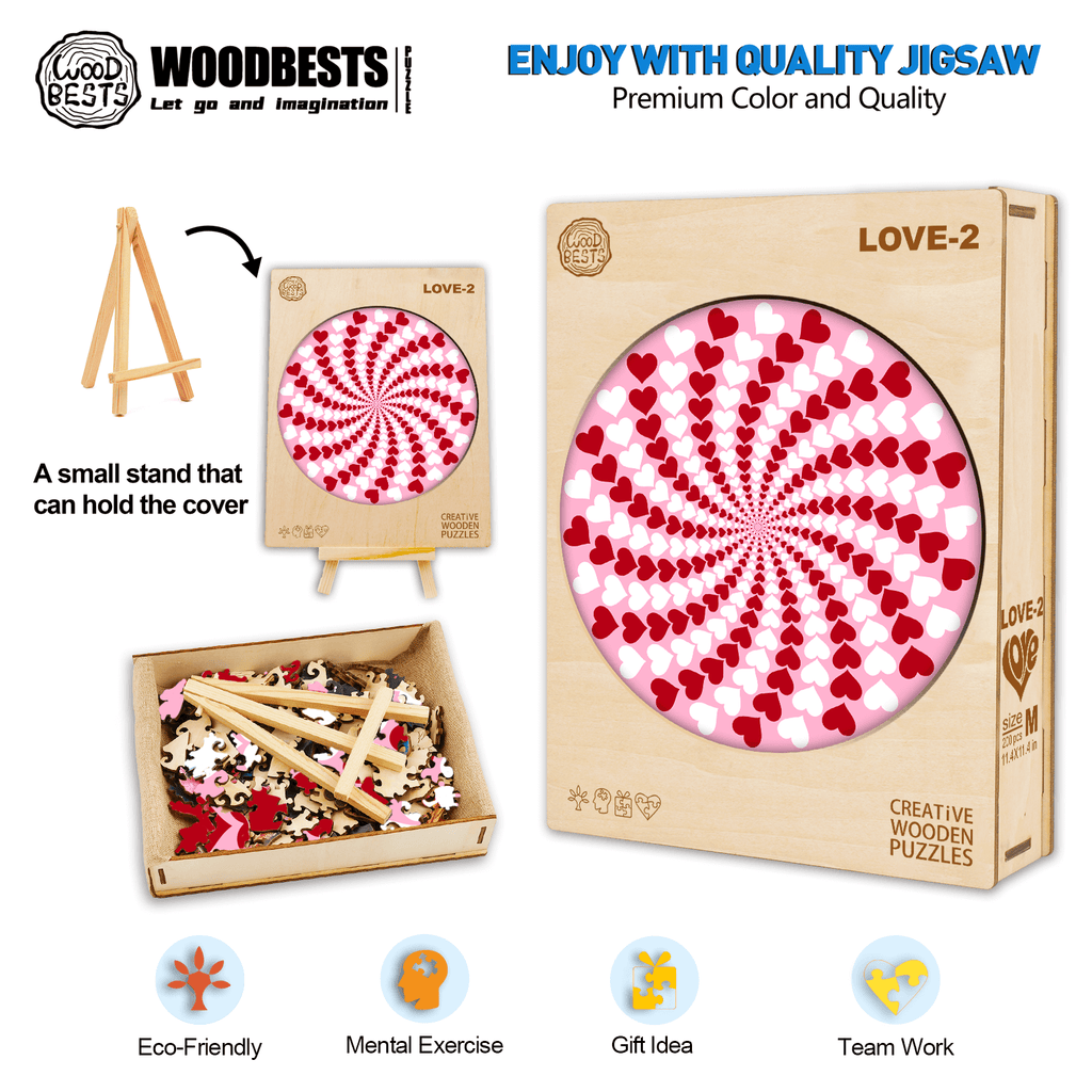 Love-2 wooden jigsaw puzzle with colorful heart design, promoting focus and teamwork, perfect as a gift or mental exercise.