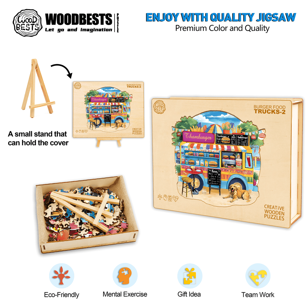 Burger Food Trucks-2 wooden jigsaw puzzle with eco-friendly materials, perfect for mental exercise and teamwork.
