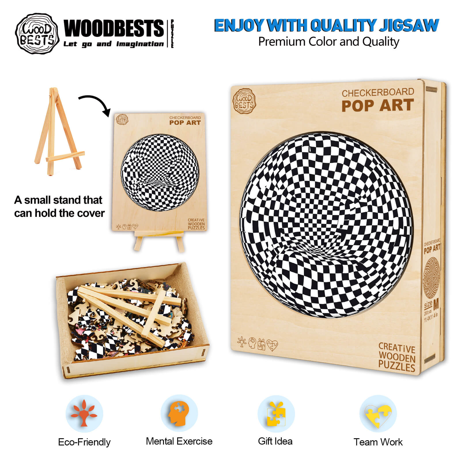 Checkerboard Pop Art Wooden Jigsaw Puzzle, eco-friendly, mental exercise, perfect gift for teamwork and focus.