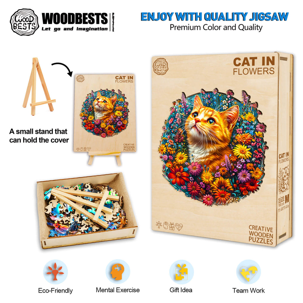 Wooden jigsaw puzzle titled 'Cat in Flowers' featuring a colorful cat surrounded by flowers, ideal for mental exercise and team games.