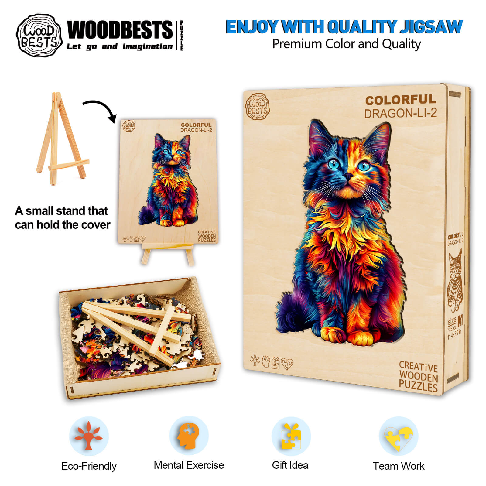 Colorful Dragon-Li-2 wooden jigsaw puzzle with vibrant cat design, eco-friendly materials, ideal for mental exercise and teamwork.