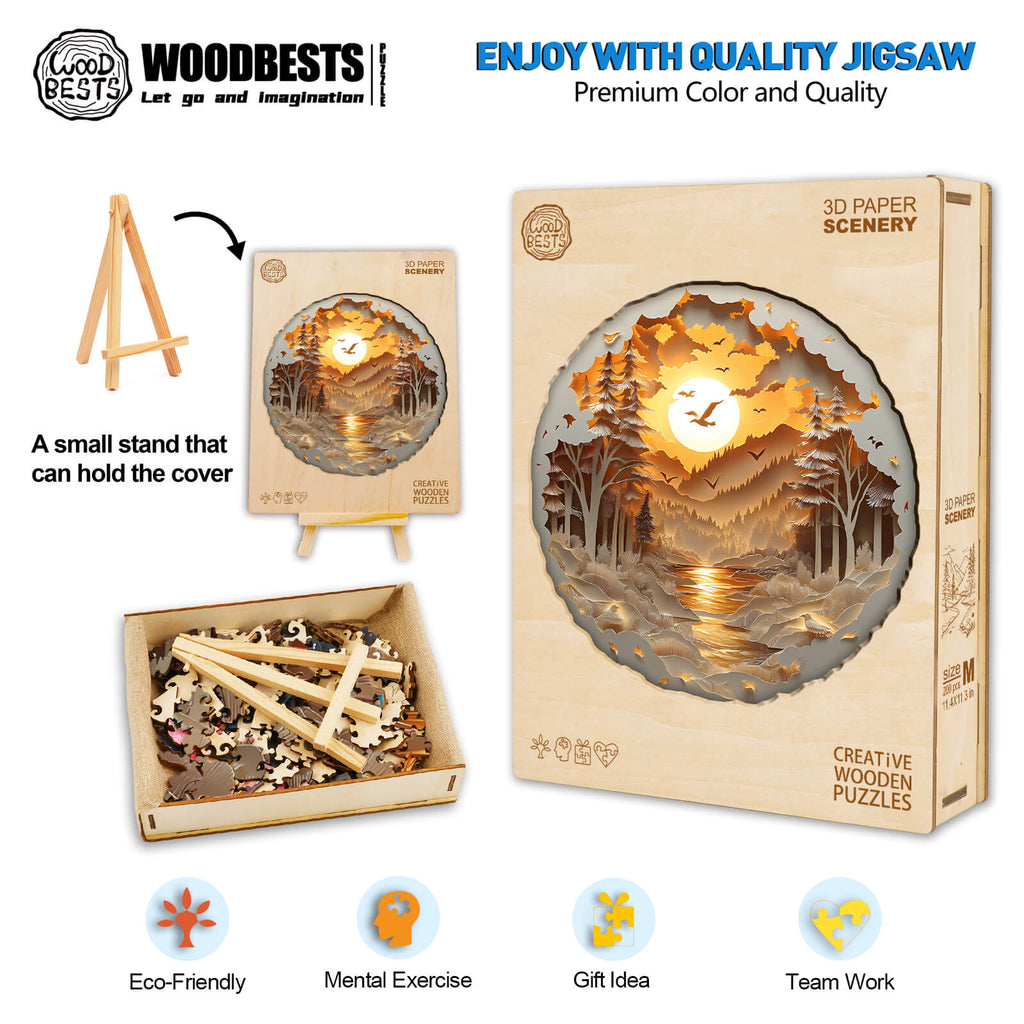 3D Paper Scenery Wooden Jigsaw Puzzle with box, stand, and colorful pieces; perfect for mental exercise and gift idea.
