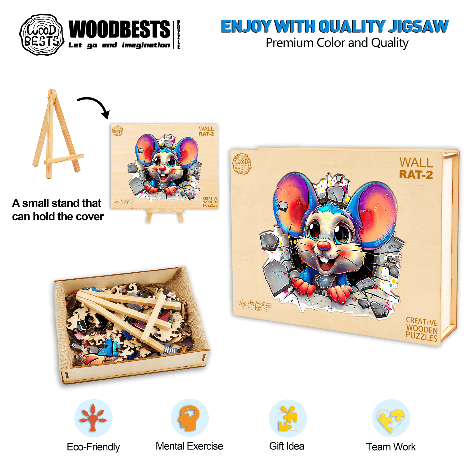 Wall Rat-2 wooden jigsaw puzzle with pieces and easel stand, ideal for mental exercise and eco-friendly gift idea.