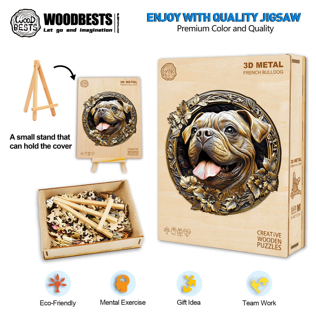 3D Metal French Bulldog wooden jigsaw puzzle with stand, eco-friendly design for mental exercise and teamwork.