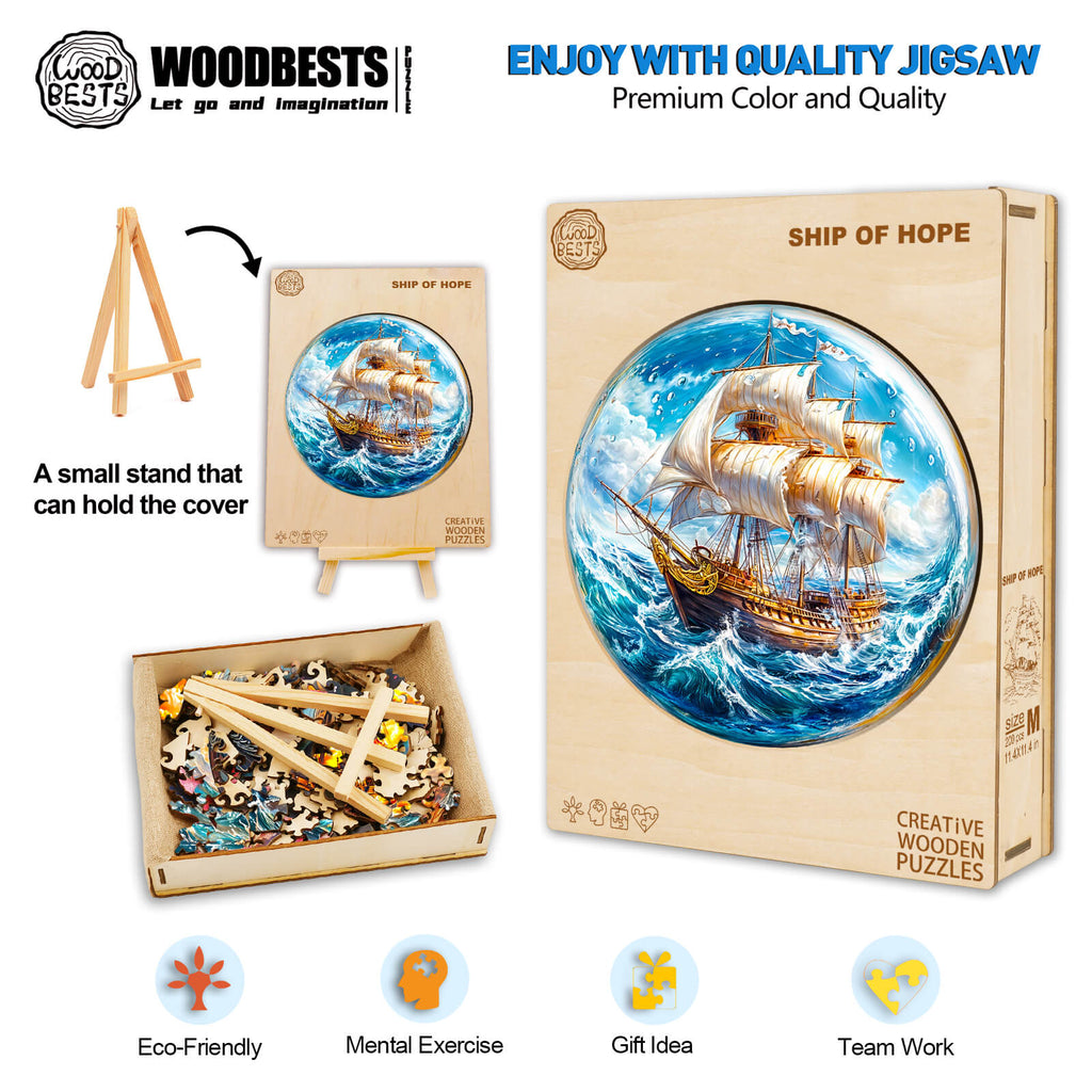 Ship of Hope wooden jigsaw puzzle with vibrant colors, promoting mental exercise and teamwork, featuring eco-friendly design.