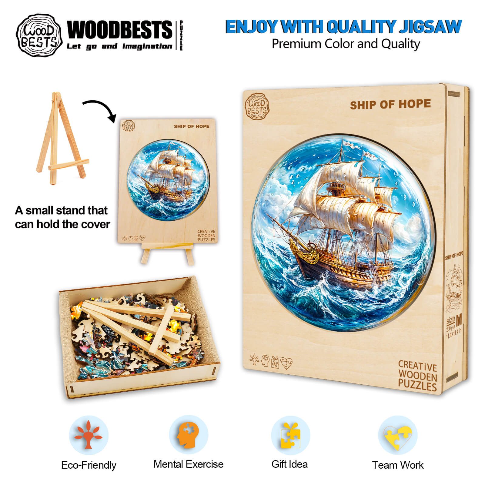 Ship of Hope wooden jigsaw puzzle with vibrant colors, promoting mental exercise and teamwork, featuring eco-friendly design.