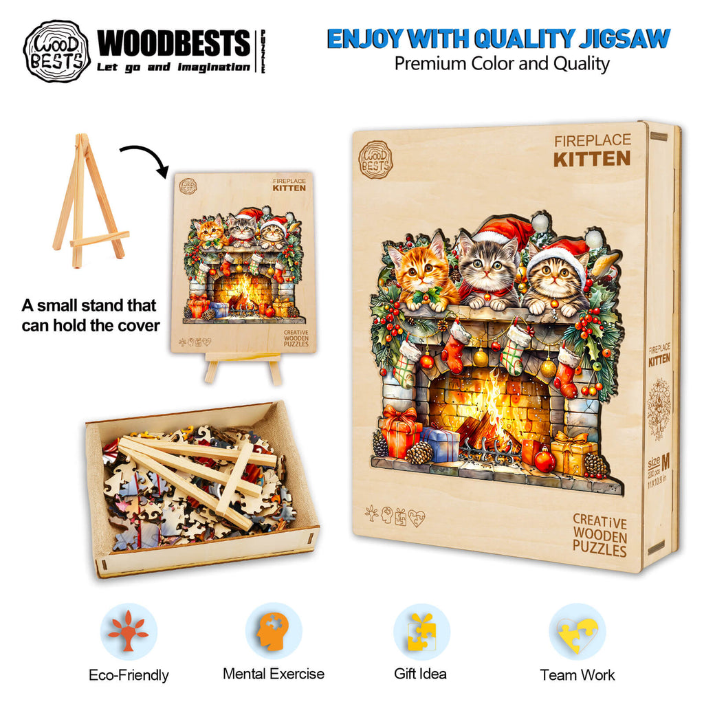 Wooden jigsaw puzzle featuring playful kittens by a fireplace, promoting focus and mental exercise, eco-friendly design.