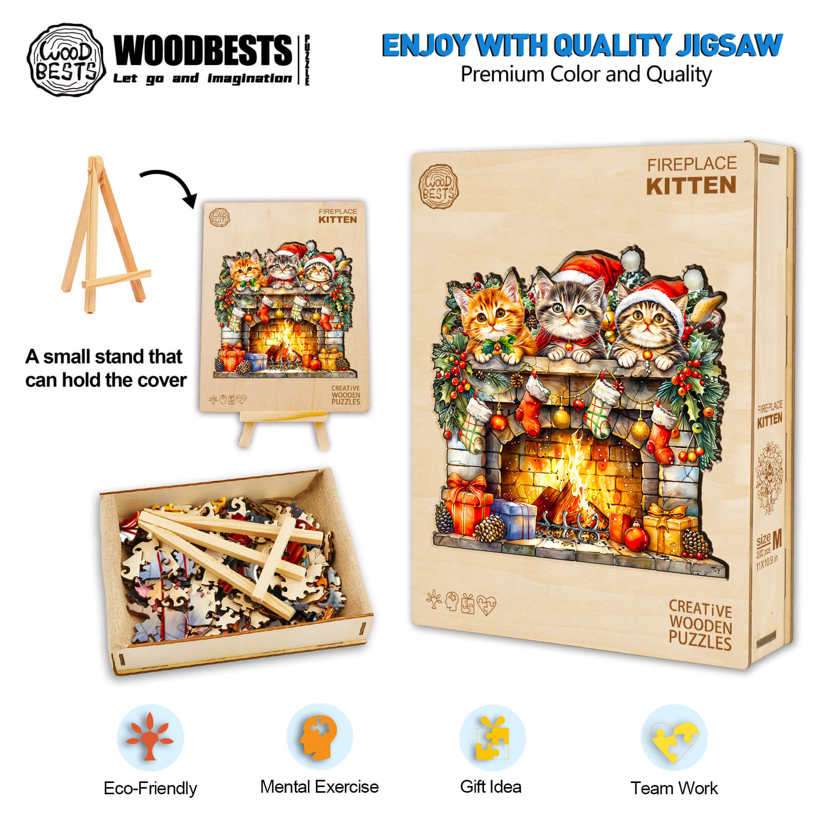 Wooden jigsaw puzzle featuring playful kittens by a fireplace, promoting focus and mental exercise, eco-friendly design.