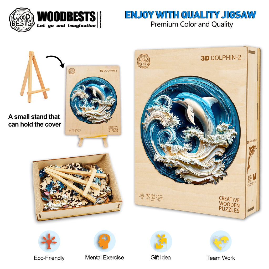 3D Dolphin-2 wooden jigsaw puzzle box with pieces, promoting mental exercise and teamwork, eco-friendly design.