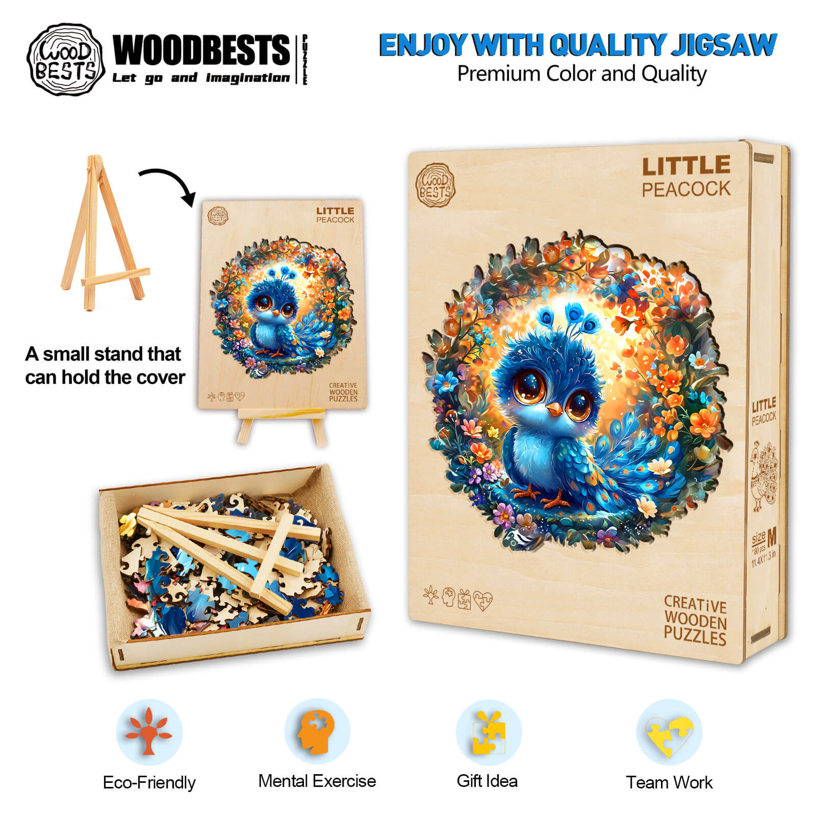 Little Peacock wooden jigsaw puzzle with colorful pieces, promoting focus and teamwork. Perfect gift for puzzle lovers.