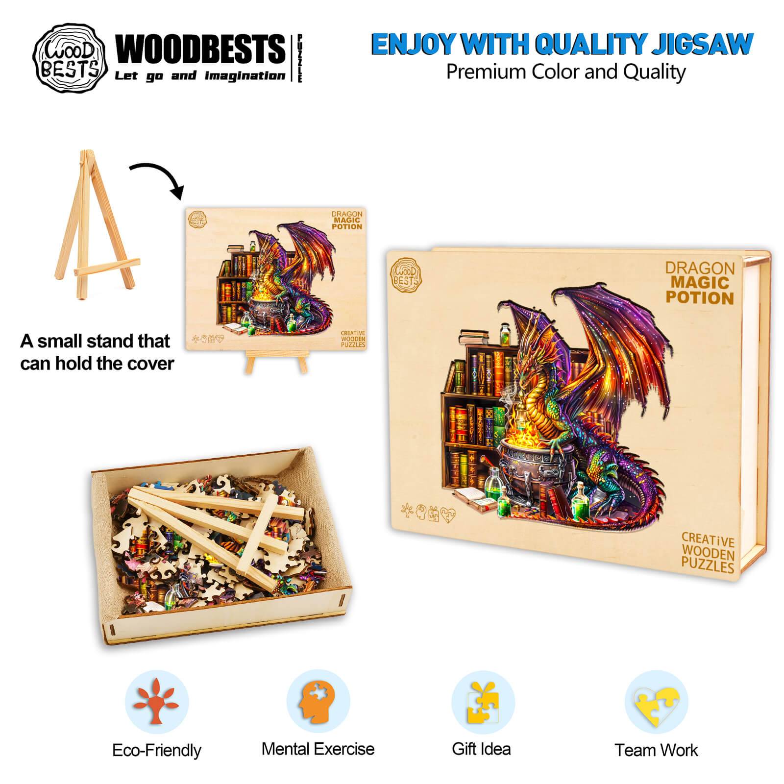 Dragon Magic Potion wooden jigsaw puzzle box and pieces, featuring vibrant colors and a dragon amidst magical artifacts.