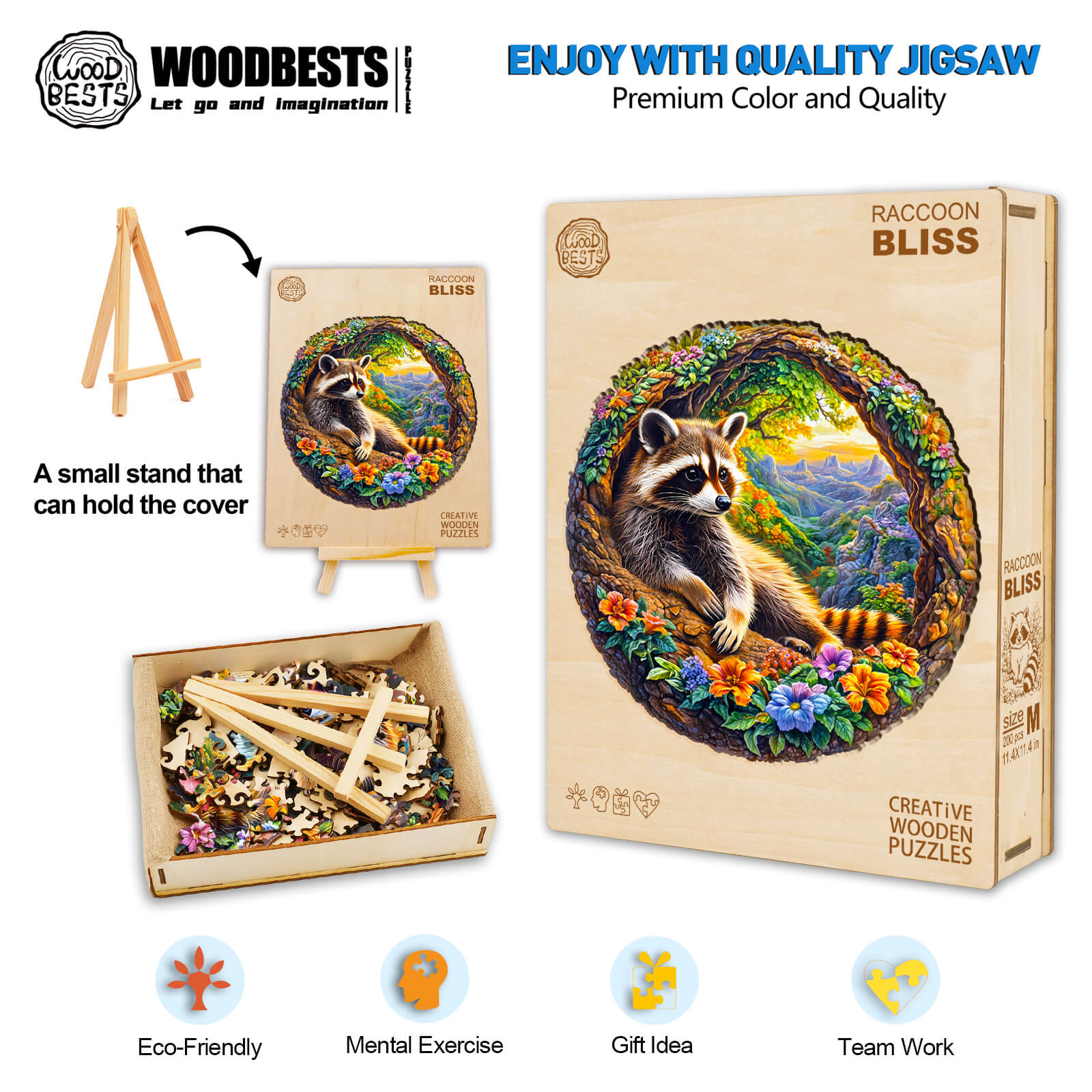 3D Raccoon Bliss Wooden Jigsaw Puzzle with eco-friendly pieces, perfect for mental exercise and team work.