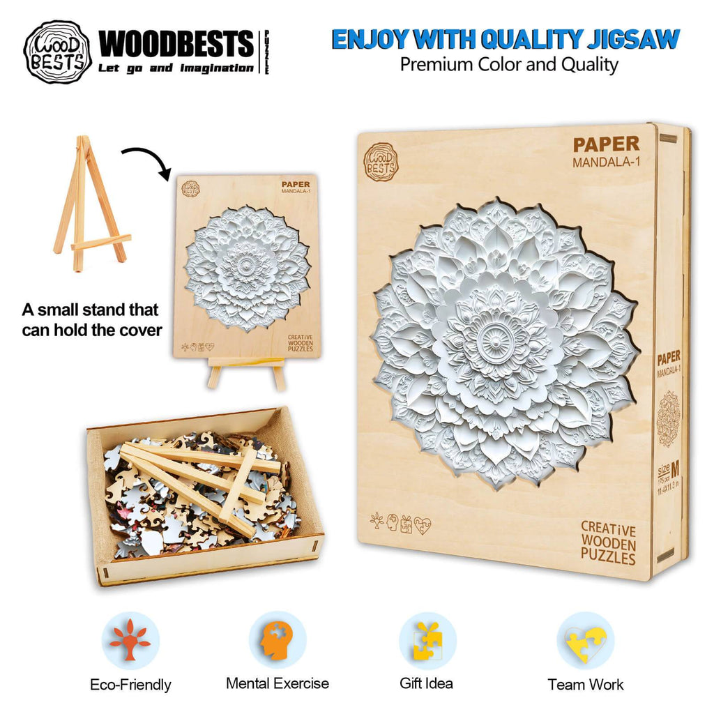 3D Paper Mandala-1 wooden jigsaw puzzle box and pieces, eco-friendly, gift idea, mental exercise, team work.