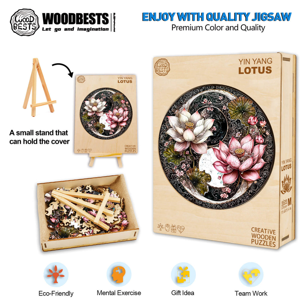 Yin Yang Lotus wooden jigsaw puzzle for mental exercise, eco-friendly, ideal gift, promotes teamwork and focus.