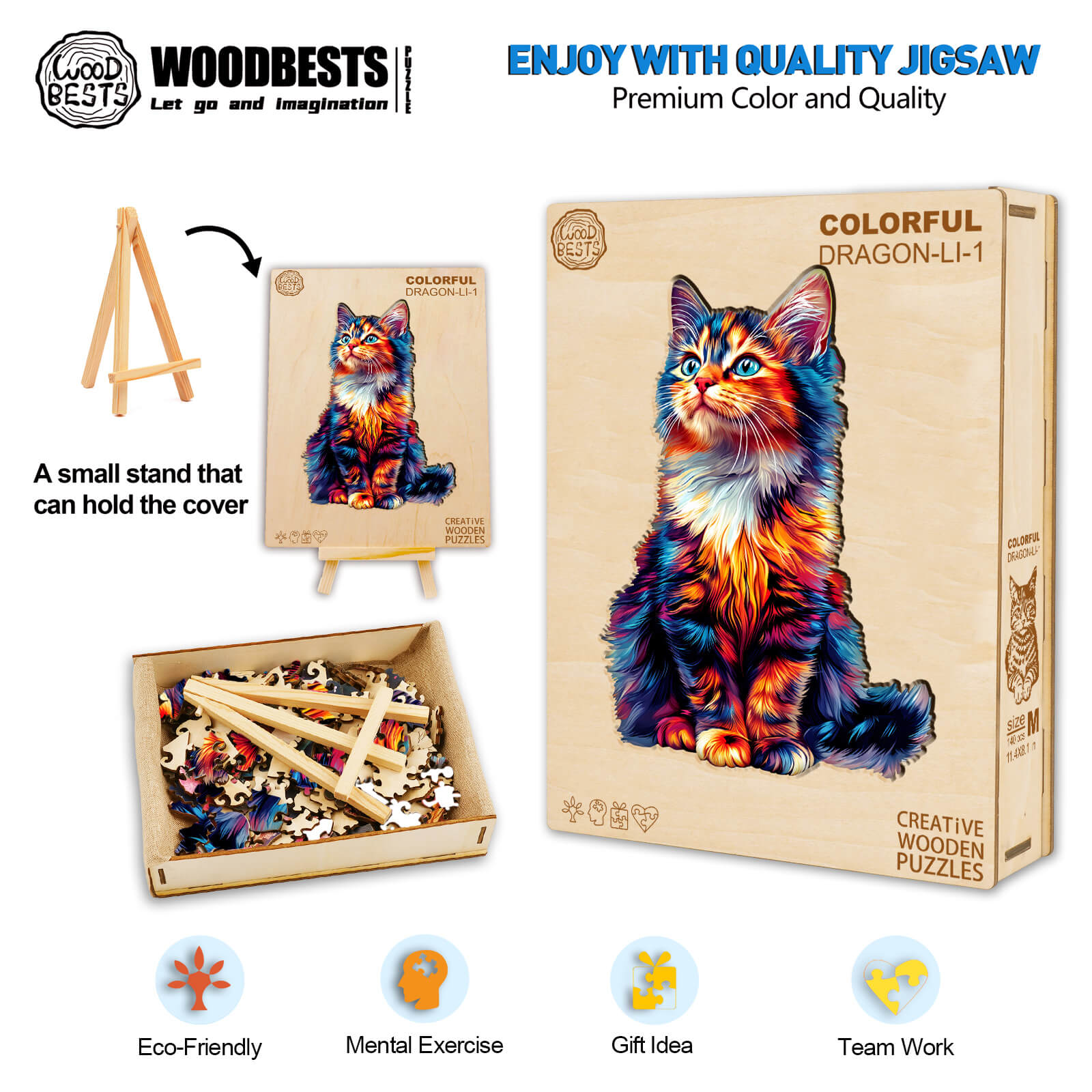 Colorful Dragon-Li-1 wooden jigsaw puzzle with a cat design, eco-friendly, promotes mental exercise and teamwork.
