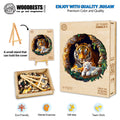 3D Tiger Family-1 wooden jigsaw puzzle set with colorful pieces, a small holder stand, promoting eco-friendliness and mental exercise.