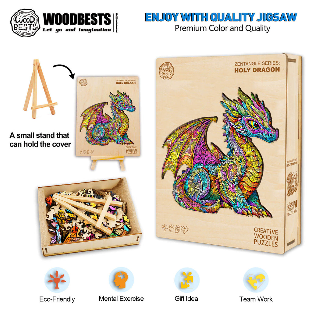 Holy Dragon wooden jigsaw puzzle from Zentangle Series, showcasing vibrant design, eco-friendly materials, and mental exercise benefits.