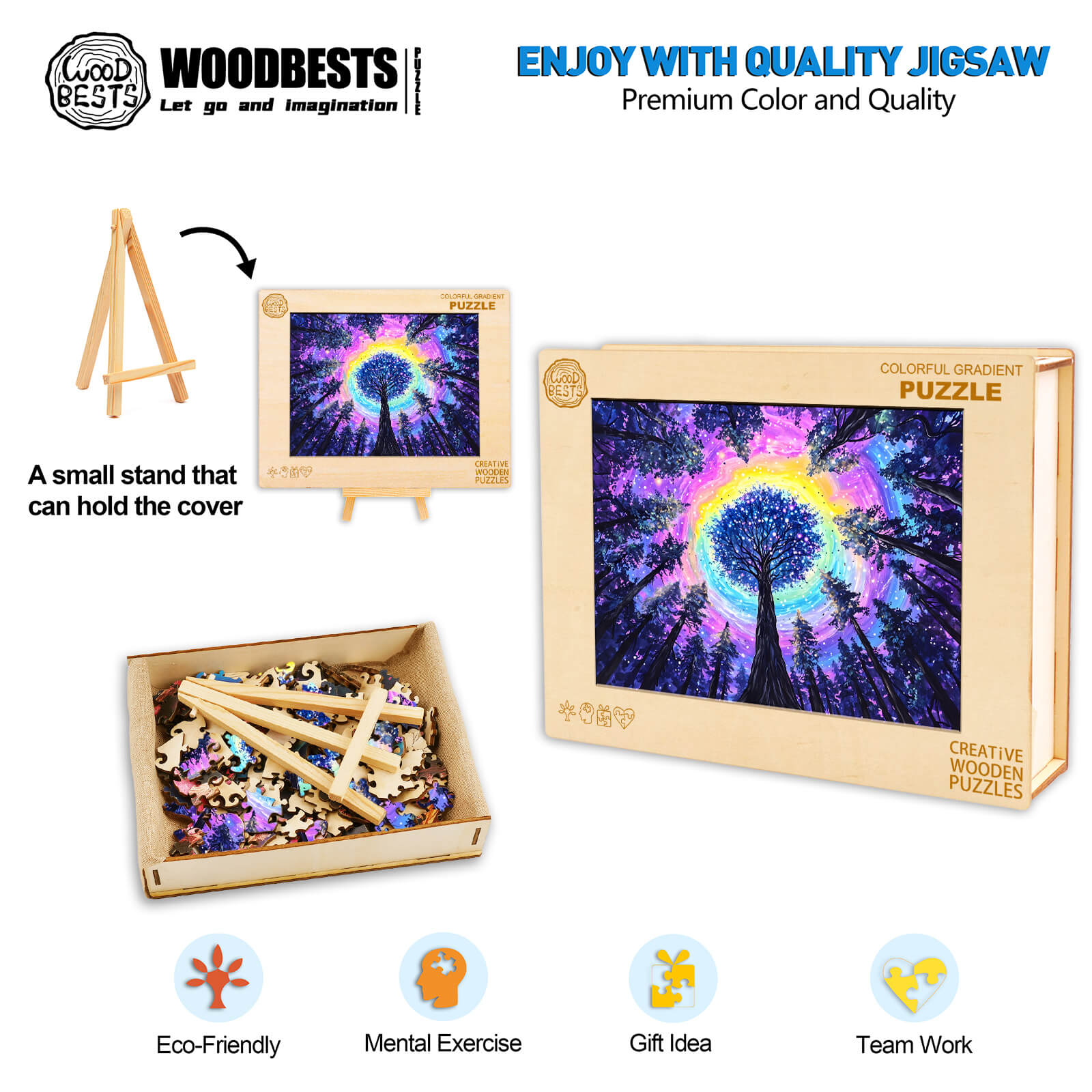 Colorful Gradient Wooden Jigsaw Puzzle with stand, pieces, and features like eco-friendly, mental exercise for focused play.
