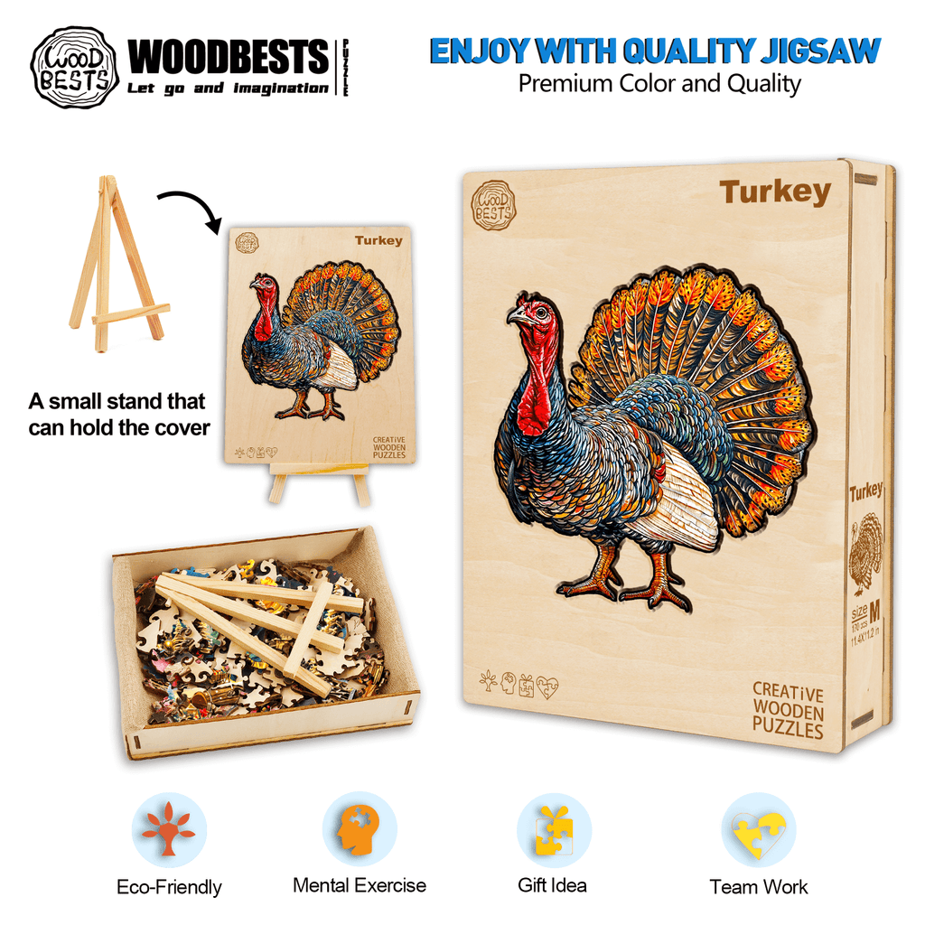 Turkey Wooden Jigsaw Puzzle featuring vibrant design, eco-friendly materials, and a small stand for display.